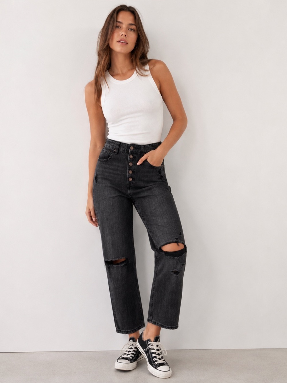 Bohme Black High Rise Distressed Straight Jeans 28
